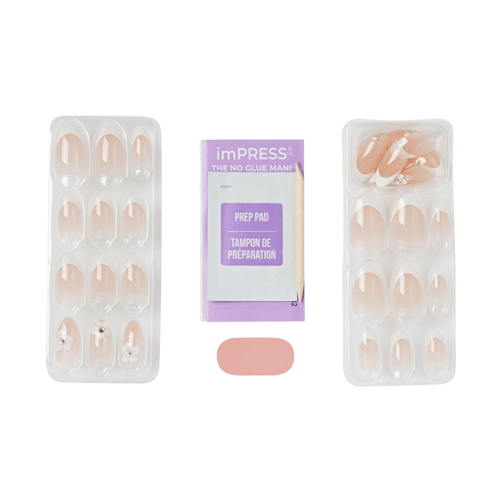 Impress Design No Glue Fake Press On Nails - Buttercup Shine | 3D & Jewel French Design, White, Medium, Almond, Manicure