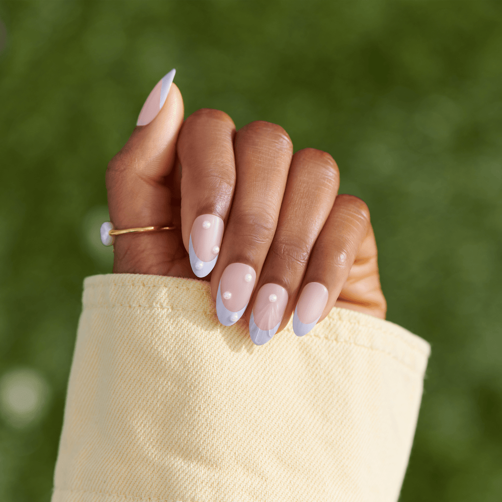 Impress Design No Glue Fake Press On Nails - Sky Breeze | 3D & Jewel French, Purple, Medium, Almond, Manicure