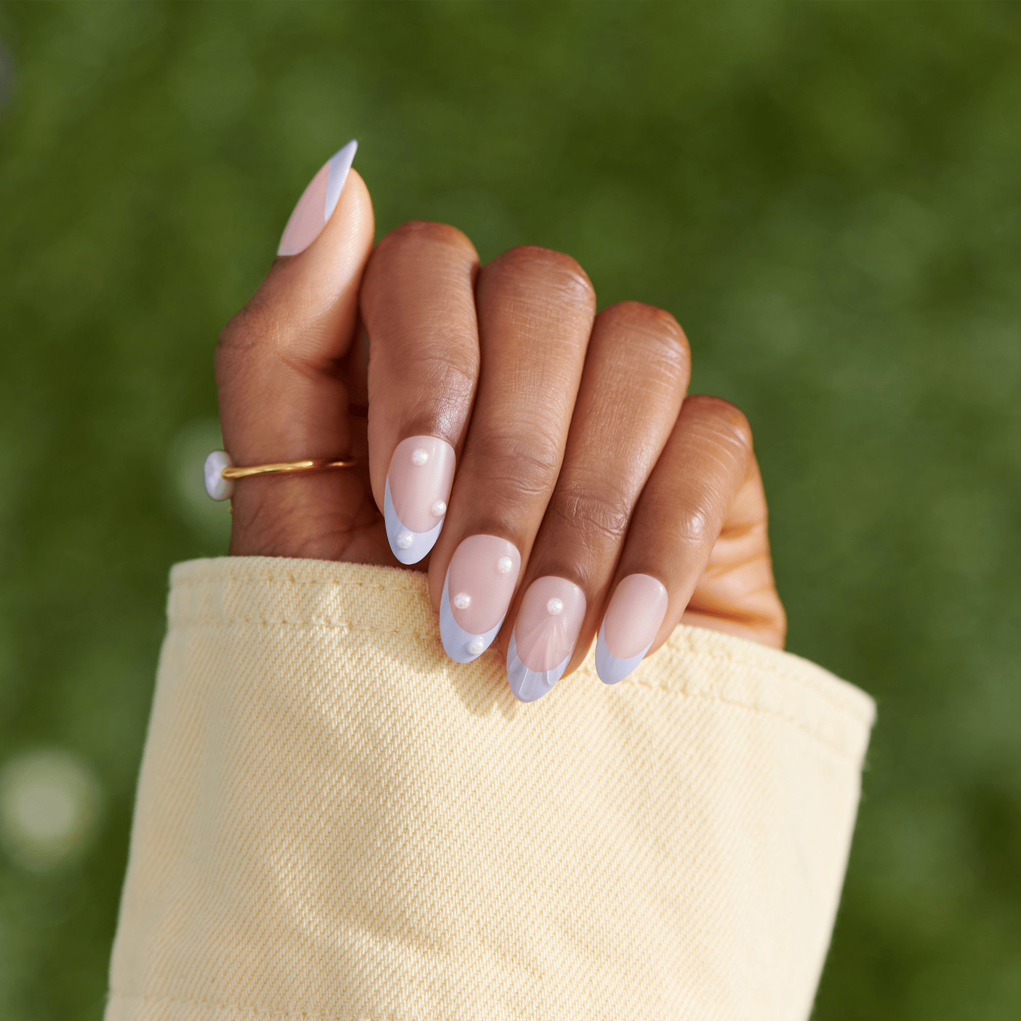 Impress Design No Glue Fake Press On Nails - Sky Breeze | 3D & Jewel French, Purple, Medium, Almond, Manicure
