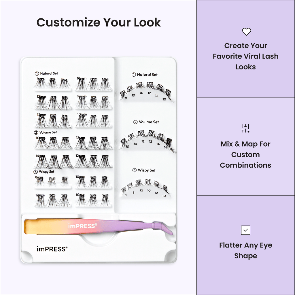 Impress Falsies Pre-Glued Individual False Eyelashes Starter Kit | 60 Lash Clusters, With Applicator, 8mm-14mm