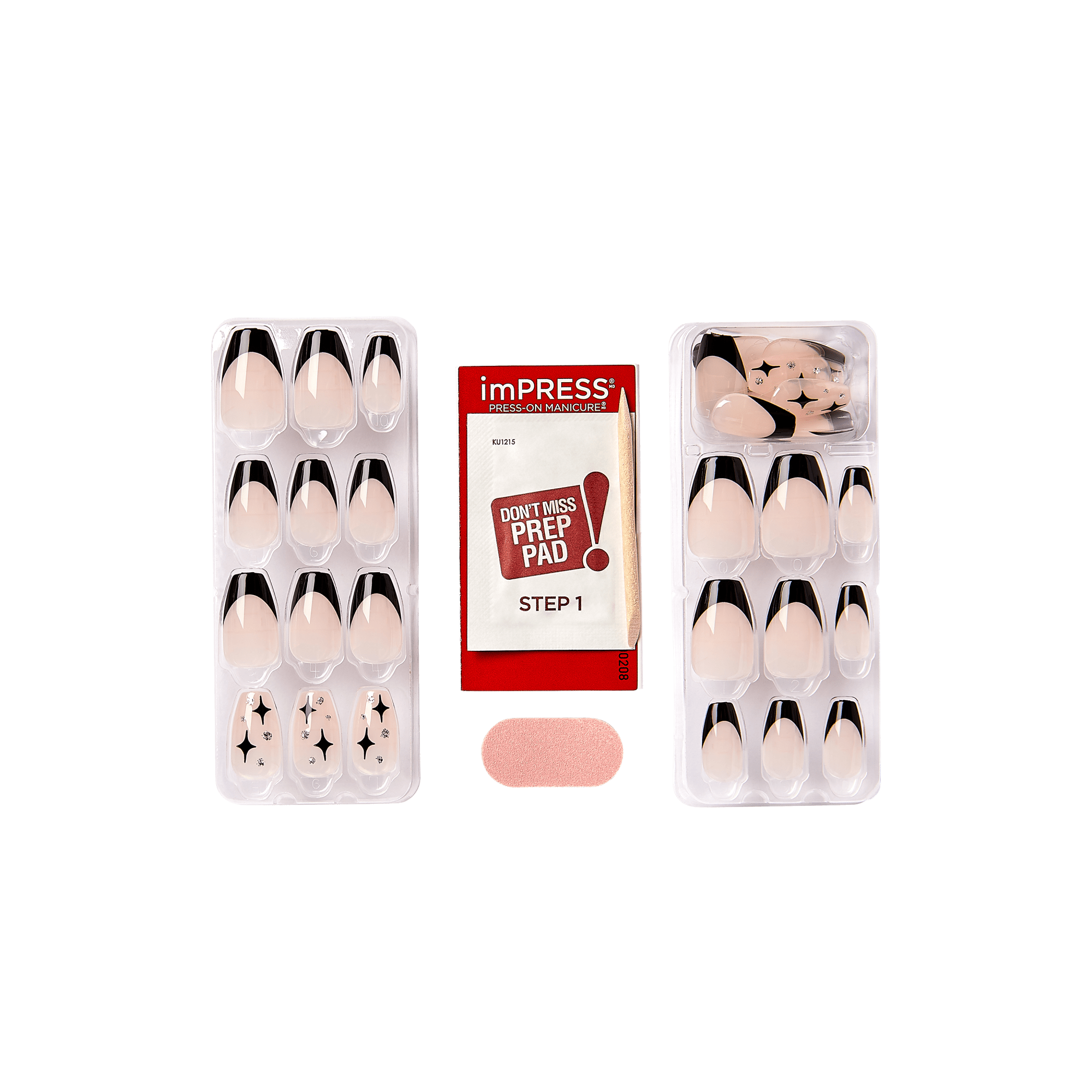 Impress Design No Glue Fake Press On Nails - For the Night | French Design, Black, Medium, Coffin, Manicure