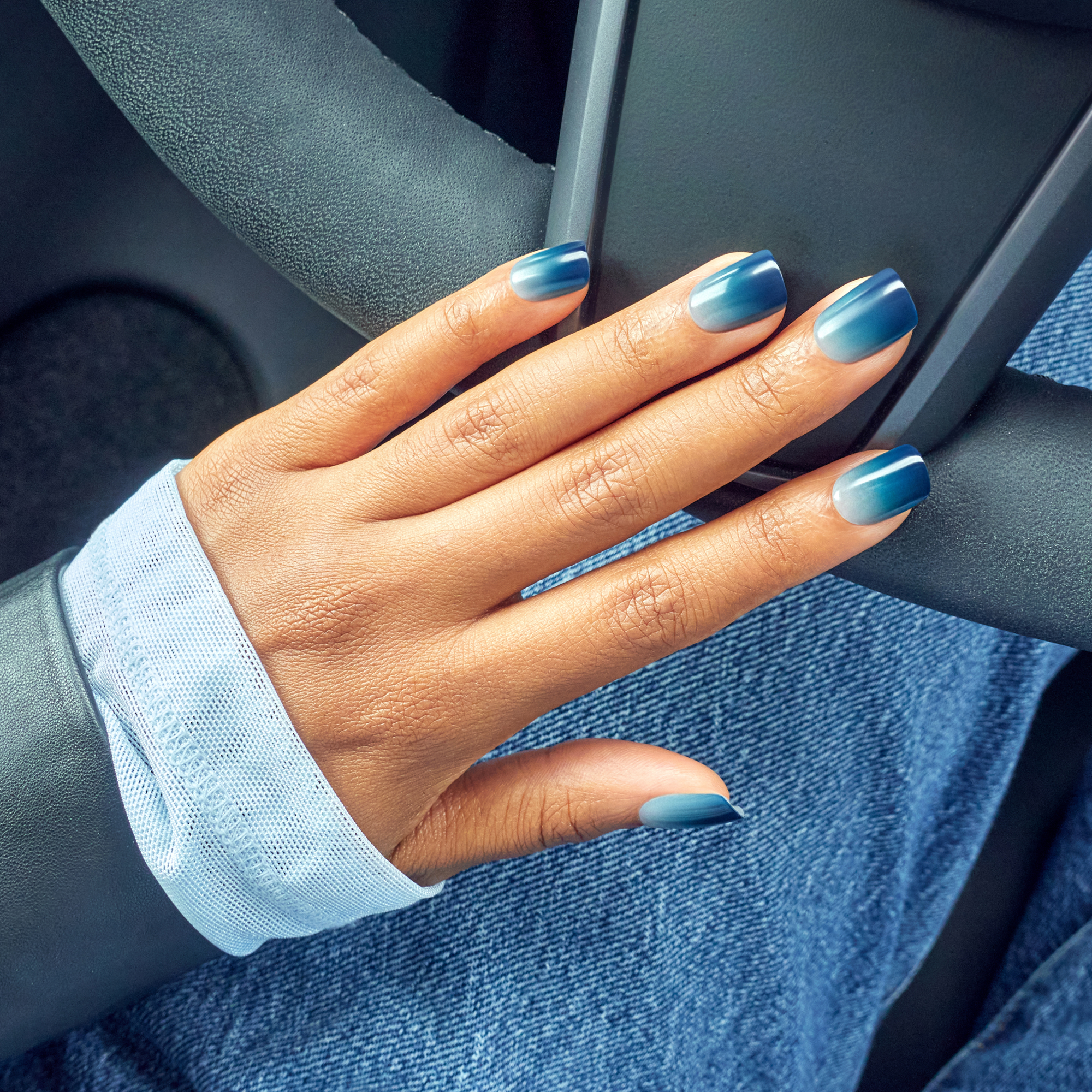 Impress Color No Glue Fake Press On Nails - Velvet Breeze | Design, Blue, Short, Squoval, Manicure