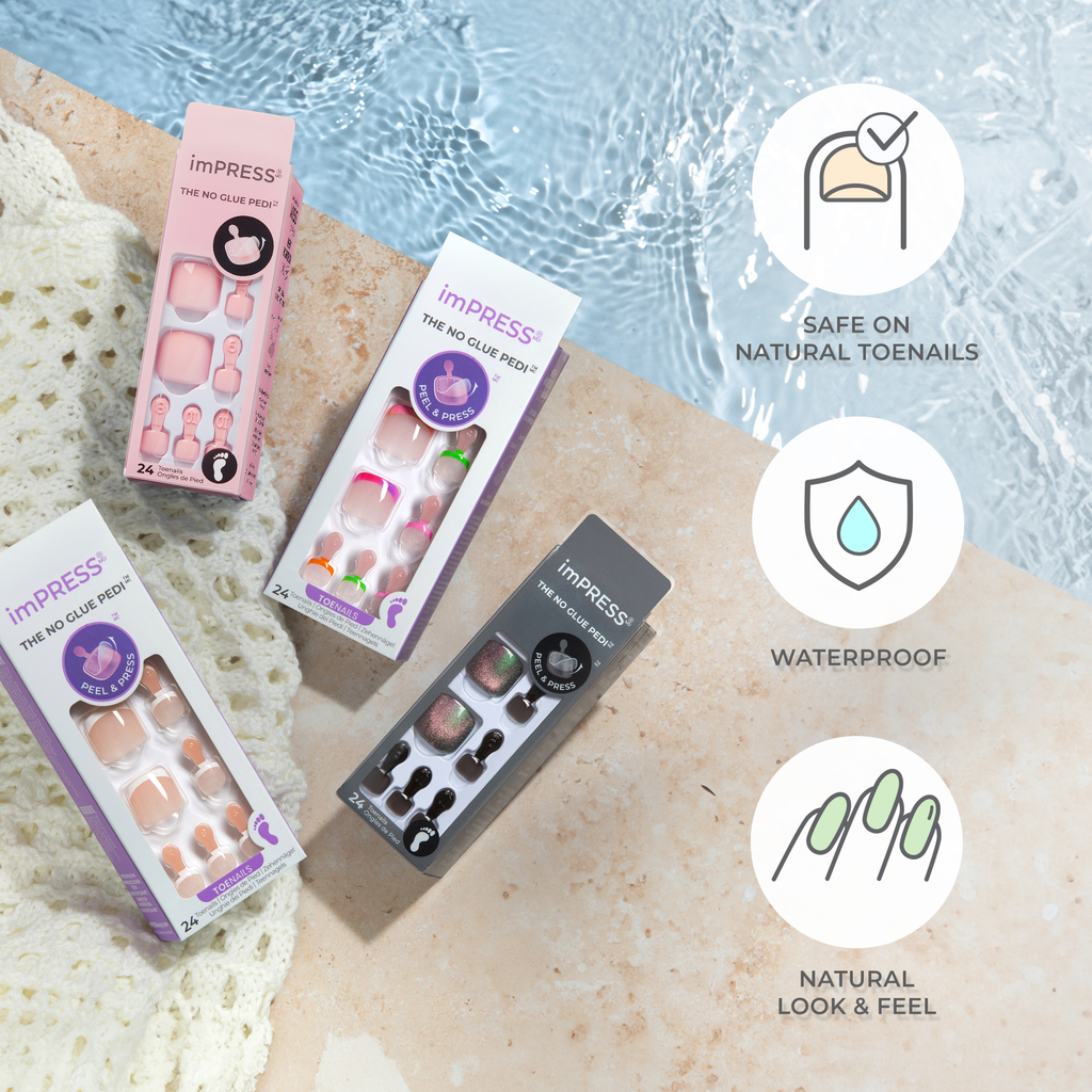 Impress Design No Glue Fake Press On Toenails - Cool It Down | Design, Black, Short, Squoval, Pedicure
