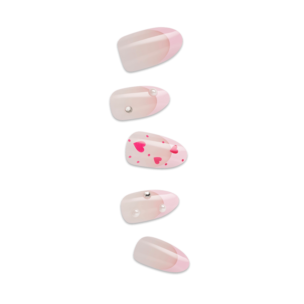 Impress Design No Glue Fake Press On Nails - Still The One | 3D & Jewel French Design, Pink, Medium, Almond, Manicure