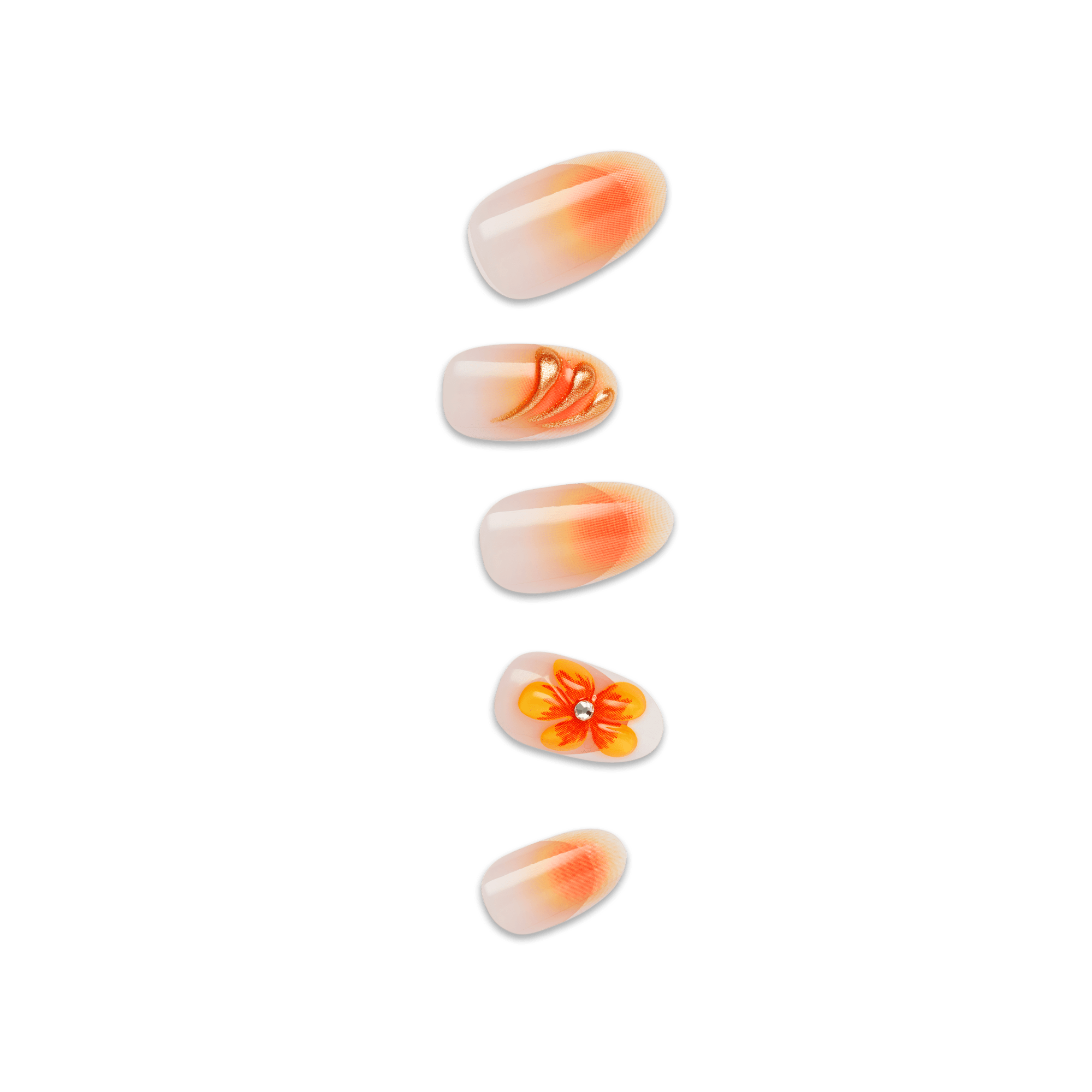 Impress Design No Glue Fake Press On Nails - Sea Bloom | 3D & Jewel Design, Orange, Medium, Oval, Manicure
