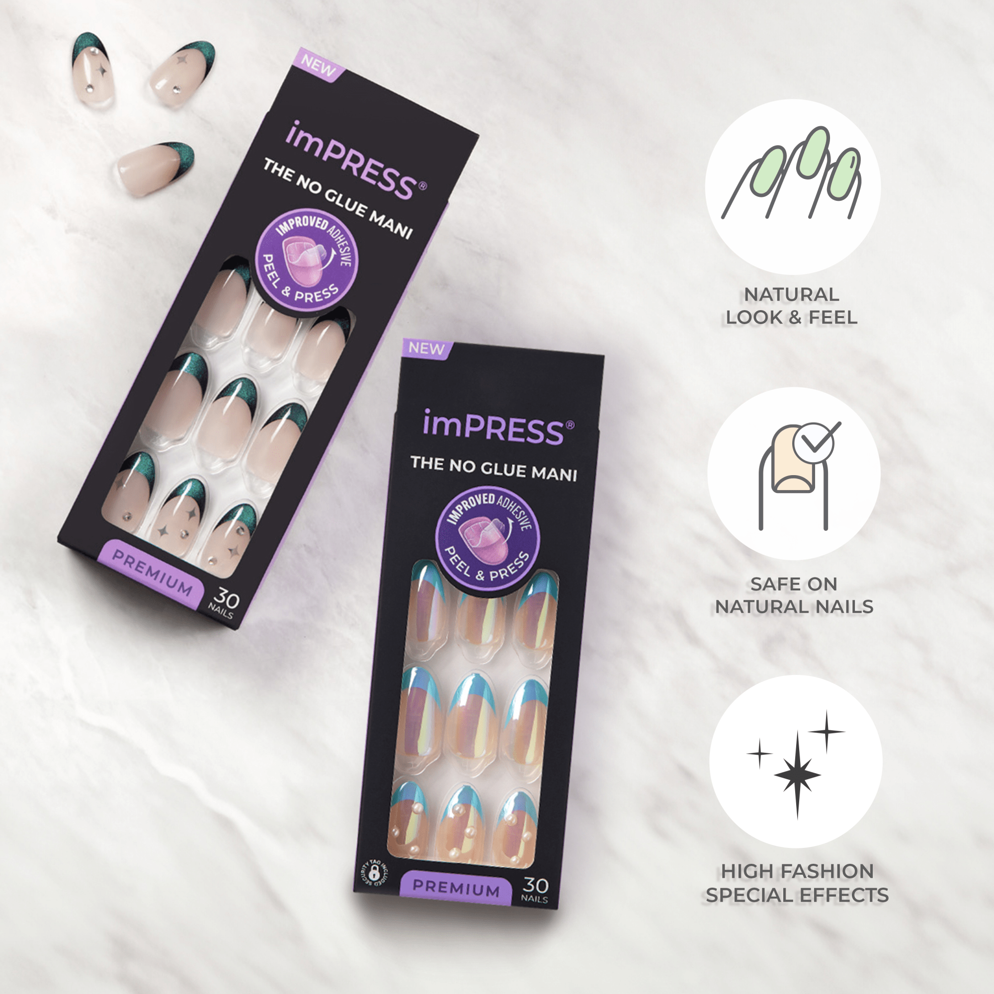 Impress Premium No Glue Fake Press On Nails - Visions | 3D & Jewel French, Metallic Green, Medium, Almond, Manicure