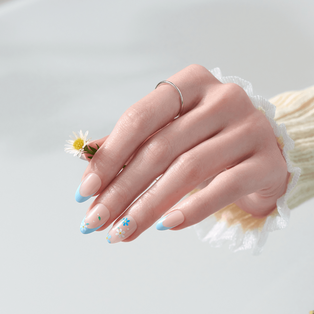 Impress Design No Glue Fake Press On Nails - Golden Nest | French Design, Blue, Medium, Almond, Manicure