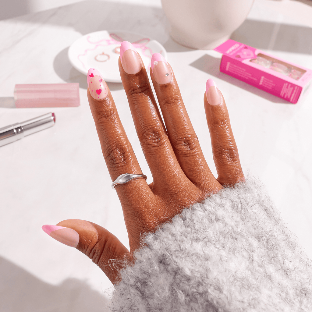 Impress Design No Glue Fake Press On Nails - Still The One | 3D & Jewel French Design, Pink, Medium, Almond, Manicure