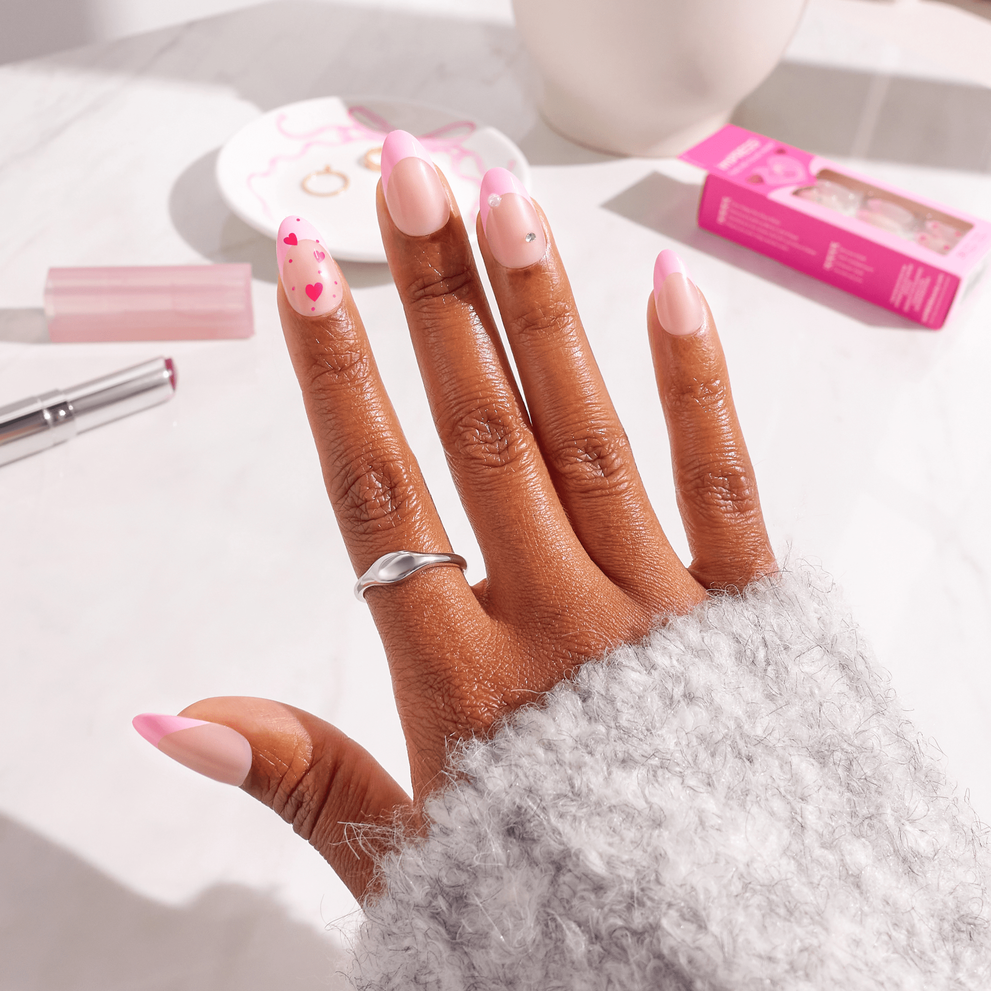Impress Design No Glue Fake Press On Nails - Still The One | 3D & Jewel French Design, Pink, Medium, Almond, Manicure