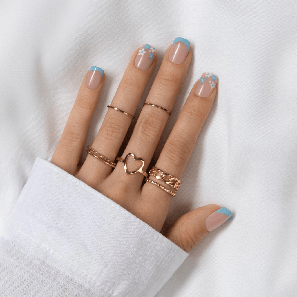 Impress French No Glue Fake Press On Nails - Snooze | French Design, Blue, Short, Squoval, Manicure