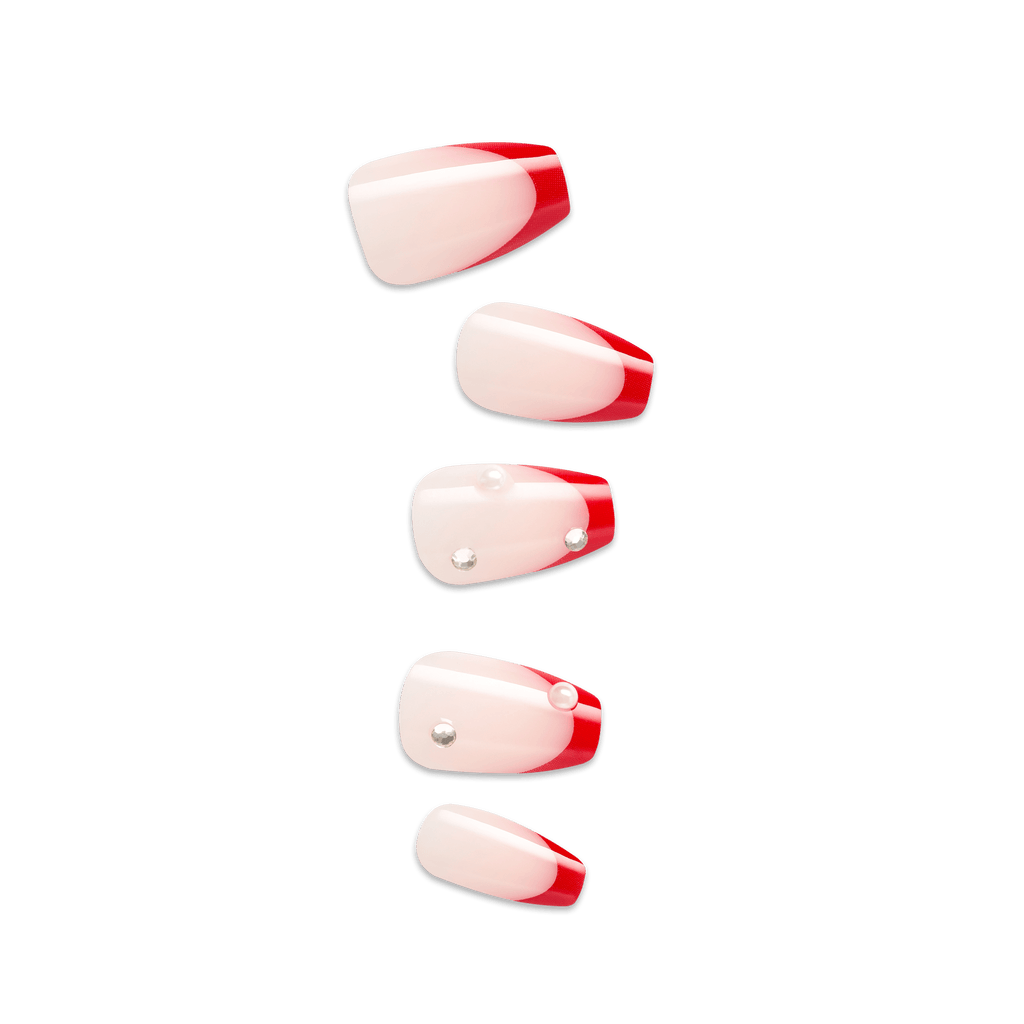 Impress Design No Glue Fake Press On Nails - Happy World | 3D & Jewel French, Red, Medium, Coffin, Manicure