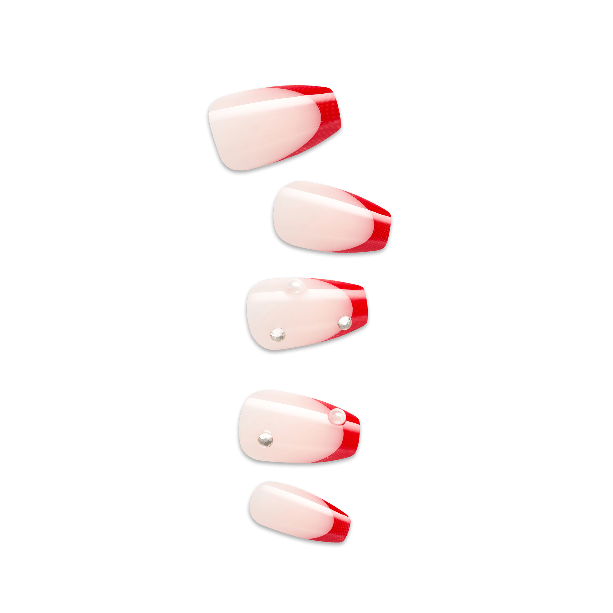 Impress Design No Glue Fake Press On Nails - Happy World | 3D & Jewel French, Red, Medium, Coffin, Manicure