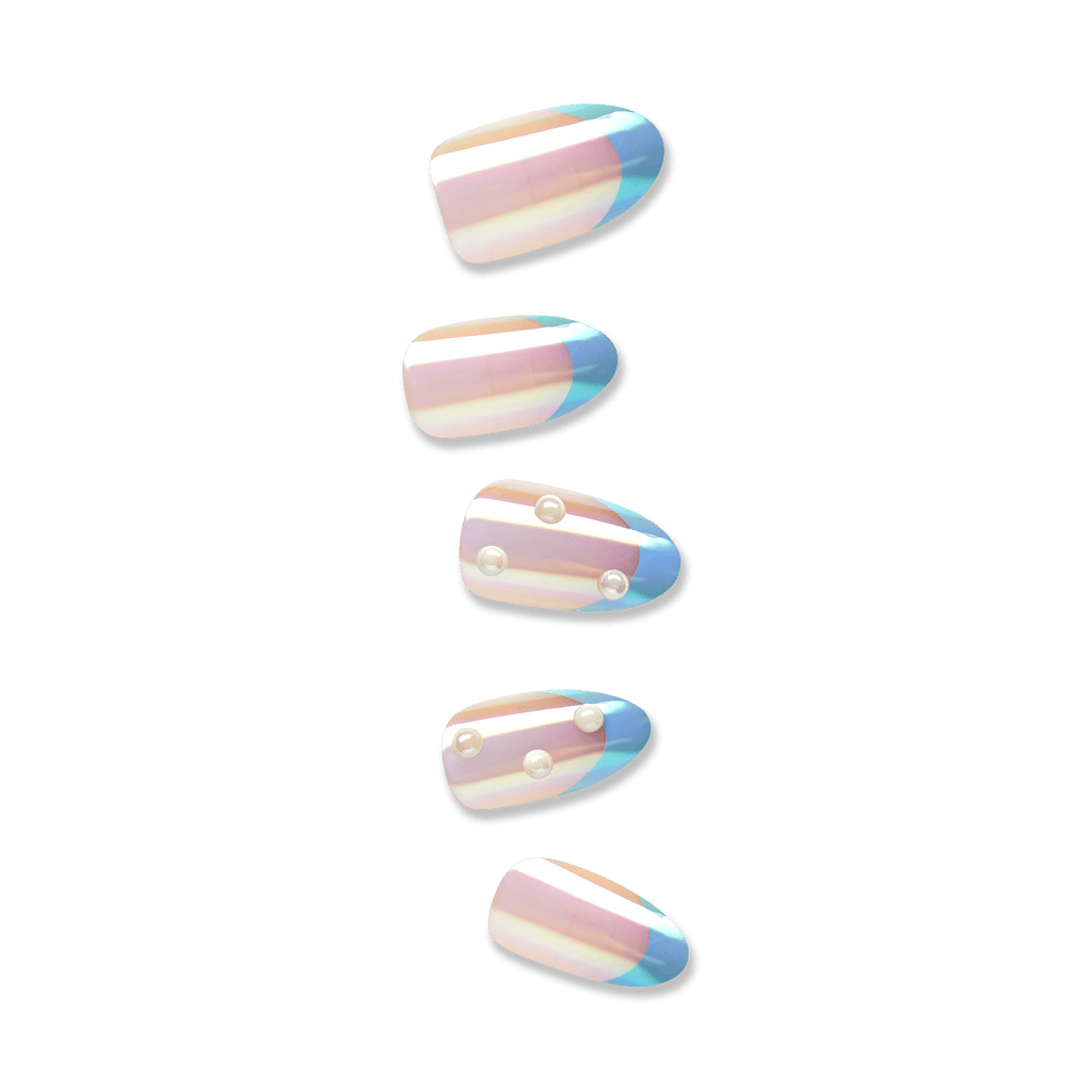 Impress Premium No Glue Fake Press On Nails - Best Life | 3D & Jewel French, Metallic Blue, Medium, Almond, Manicure