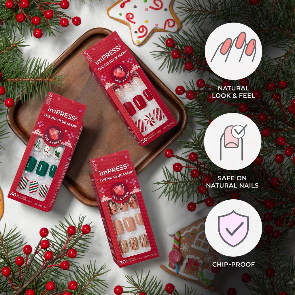 Impress Holiday Design No Glue Fake Press On Nails - Mistletoe Kiss | Design, Brown, Short, Squoval, Manicure