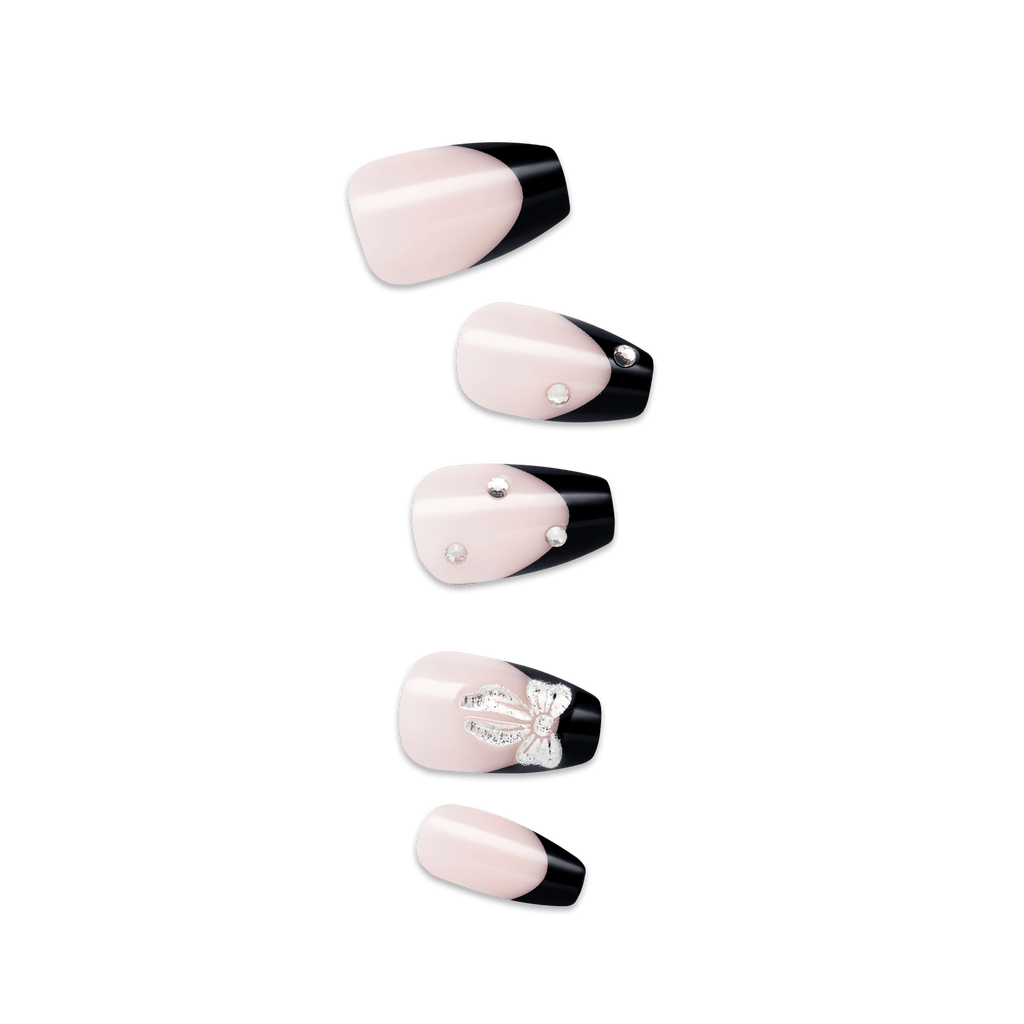 Impress Design No Glue Fake Press On Nails - By The River | 3D & Jewel French, Black, Medium, Coffin, Manicure