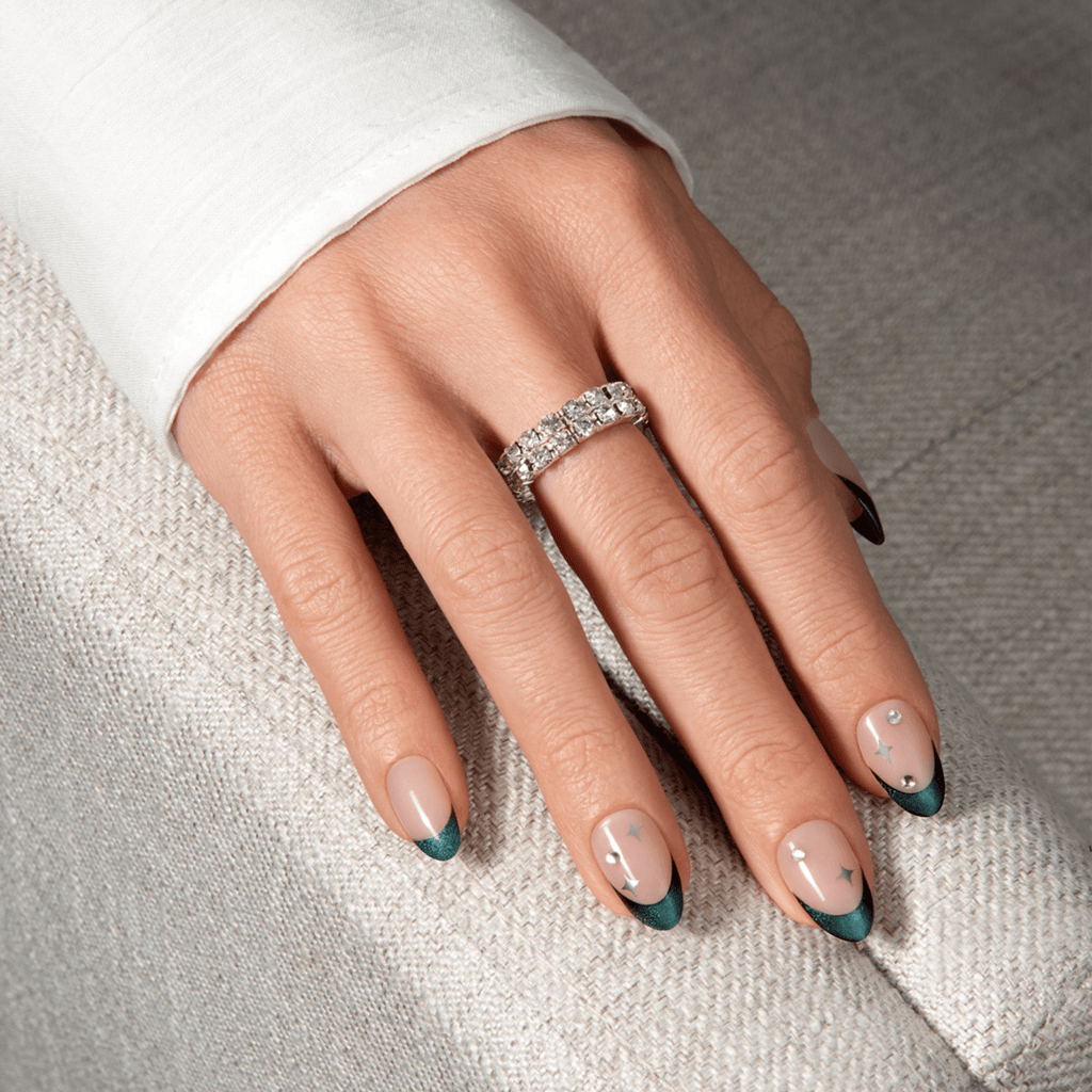 Impress Premium No Glue Fake Press On Nails - Visions | 3D & Jewel French, Metallic Green, Medium, Almond, Manicure