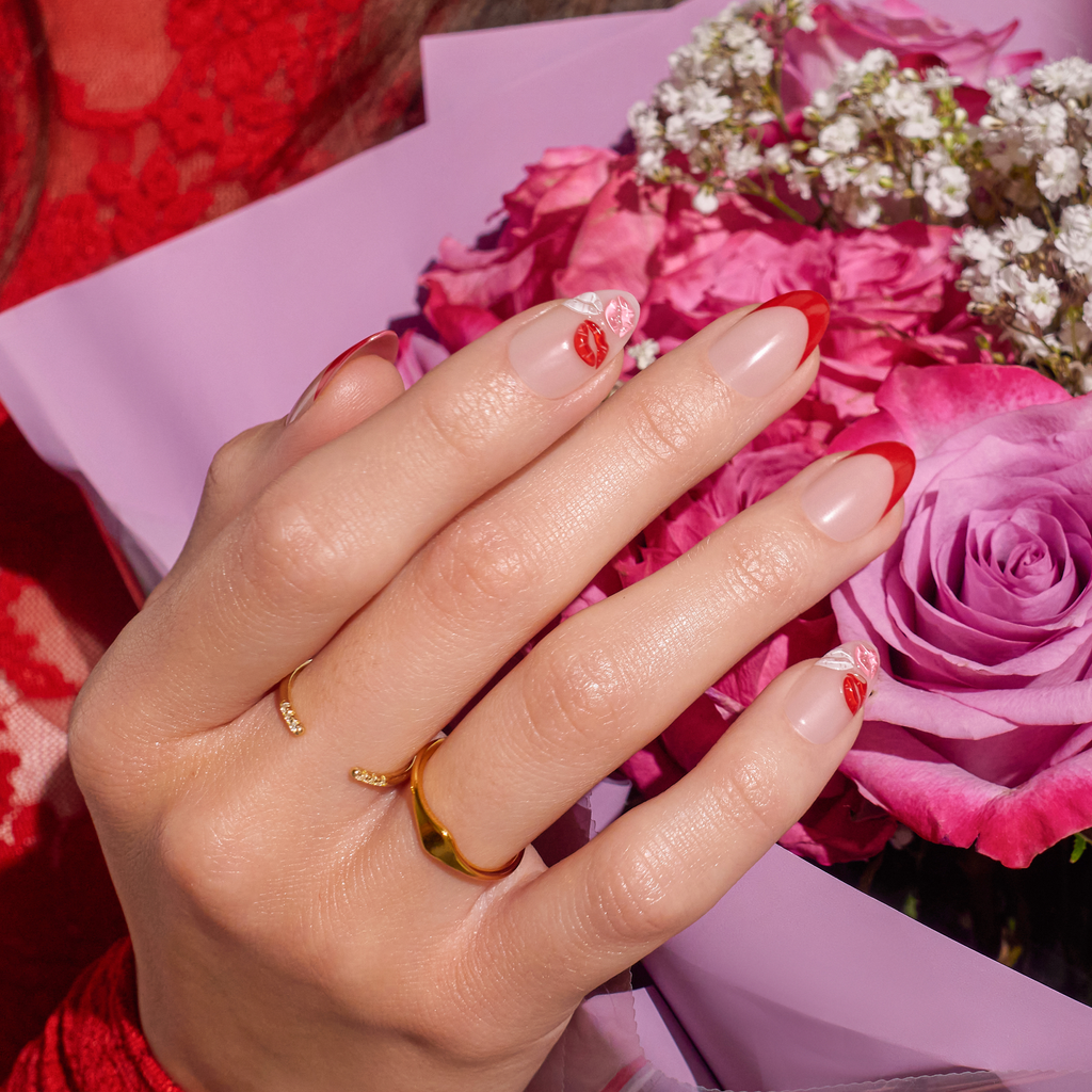 Impress Design No Glue Fake Press On Nails - Lover | 3D & Jewel French Design, Red, Medium, Almond, Manicure