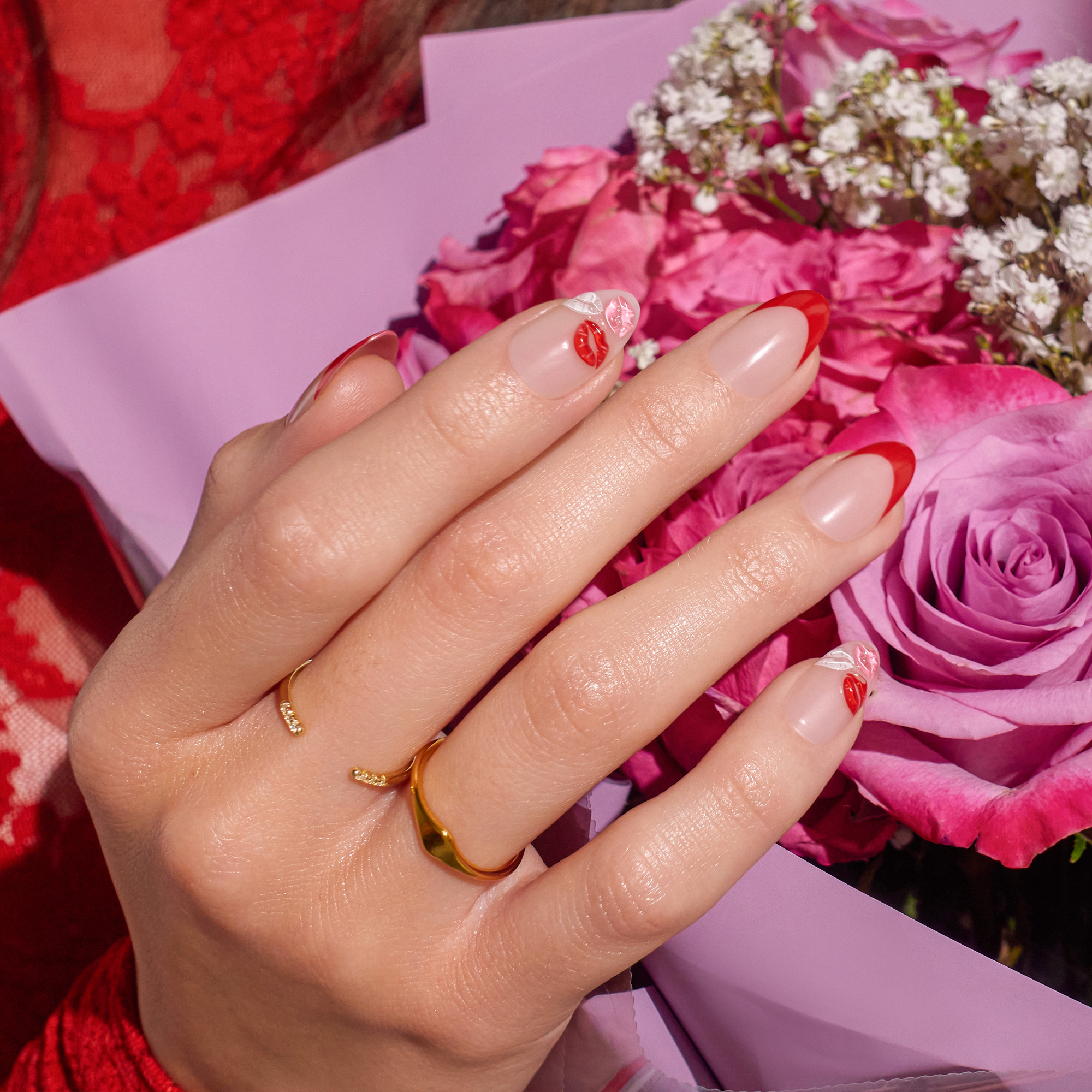 Impress Design No Glue Fake Press On Nails - Lover | 3D & Jewel French Design, Red, Medium, Almond, Manicure