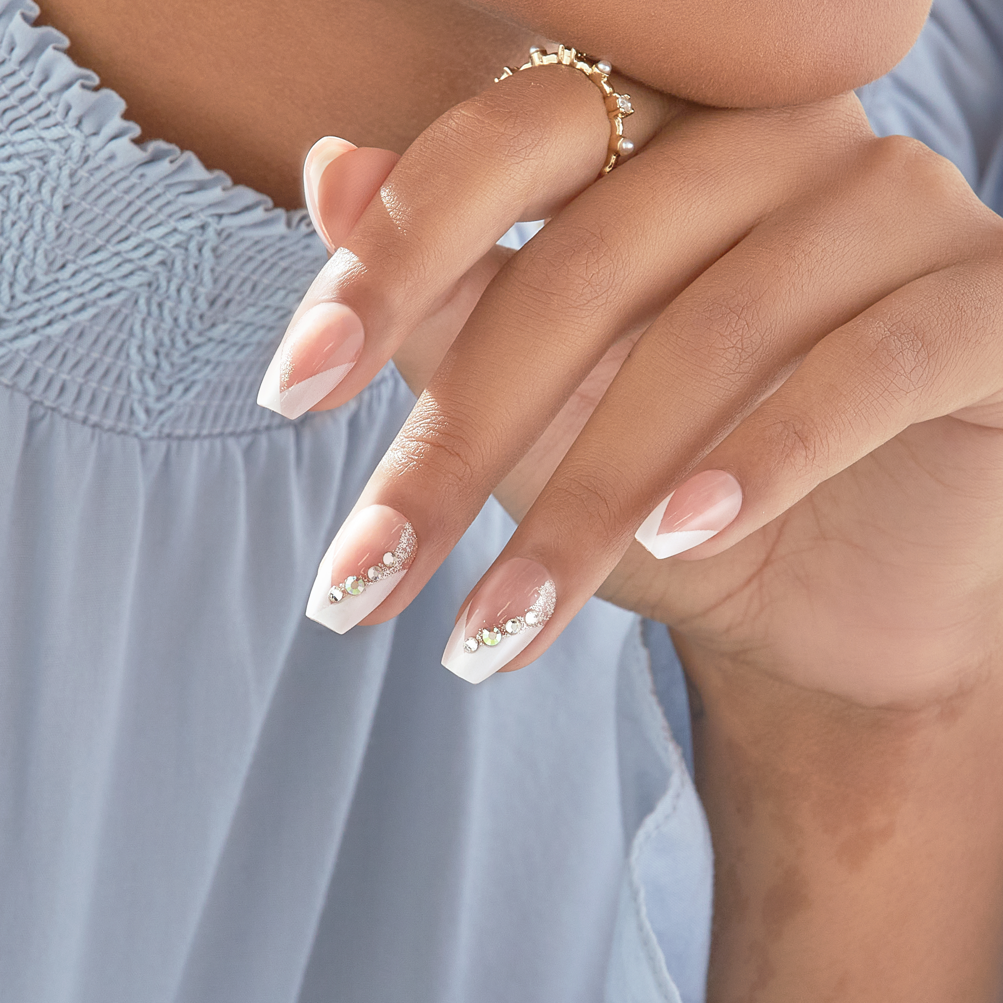 Impress French No Glue Fake Press On Nails - Glimpse | 3D & Jewel French, White, Medium, Coffin, Manicure