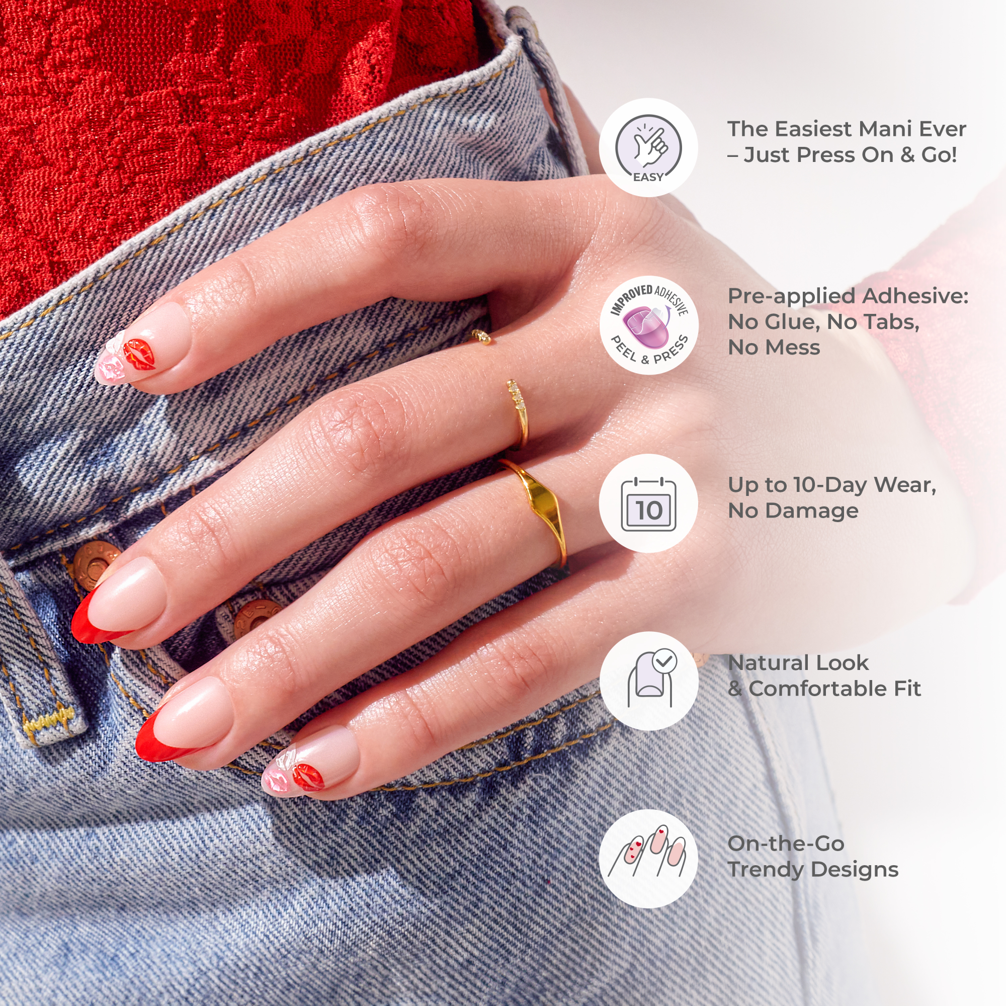 Impress Design No Glue Fake Press On Nails - Cupid Love | 3D & Jewel Design,  Pink, Short, Oval, Manicure