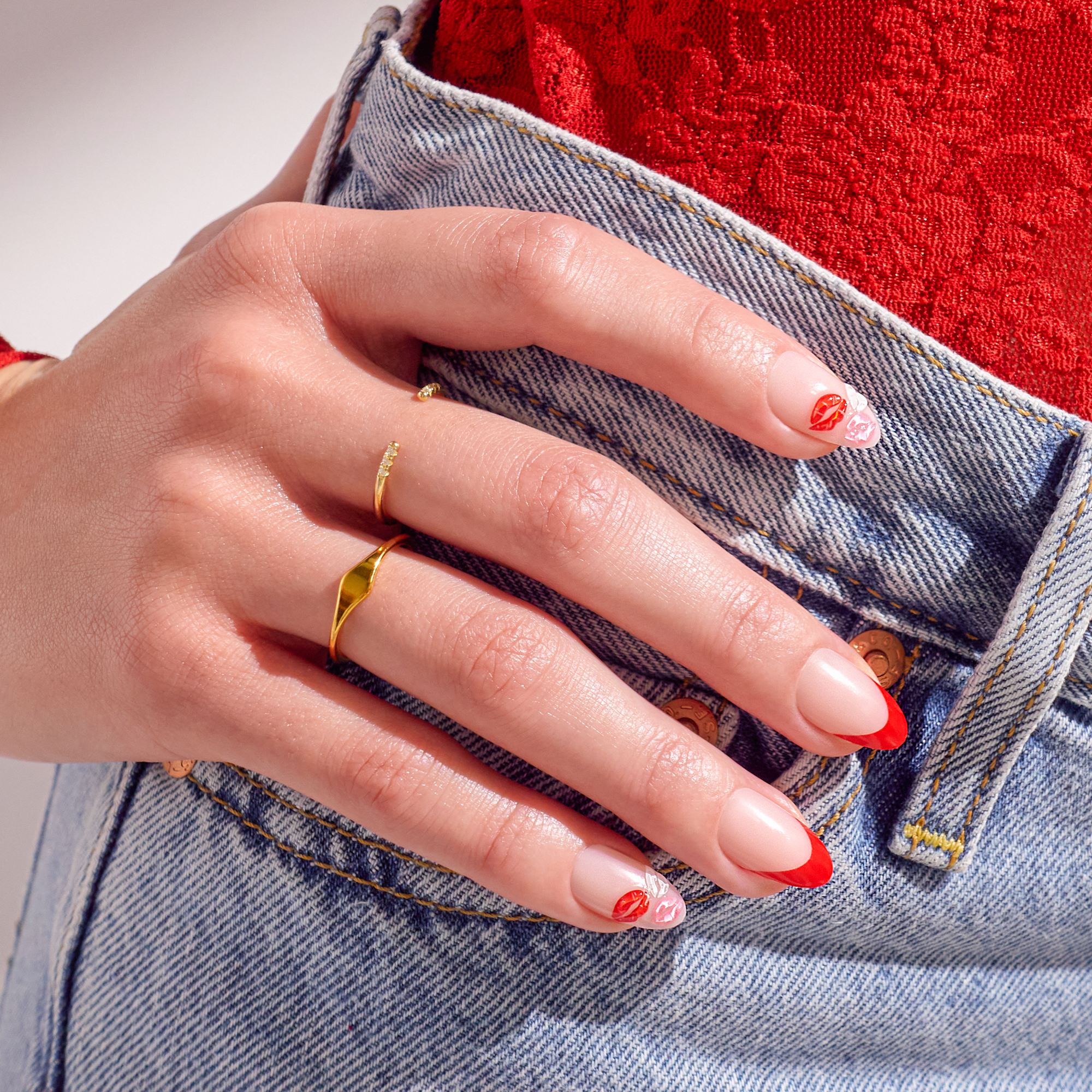 Impress Design No Glue Fake Press On Nails - Lover | 3D & Jewel French Design, Red, Medium, Almond, Manicure