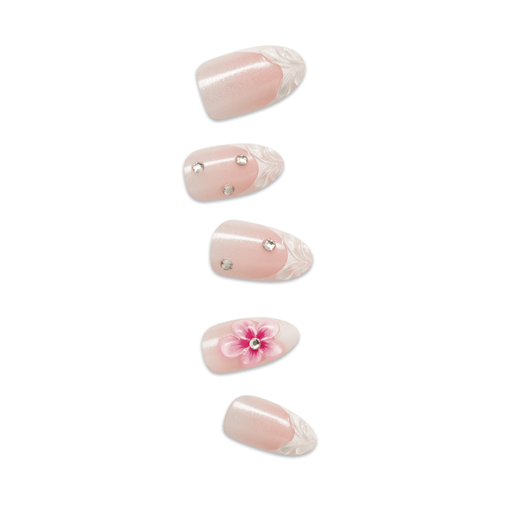 Impress Premium No Glue Fake Press On Nails - Couture-geous | 3D & Jewel French, Pink, Medium, Almond, Manicure