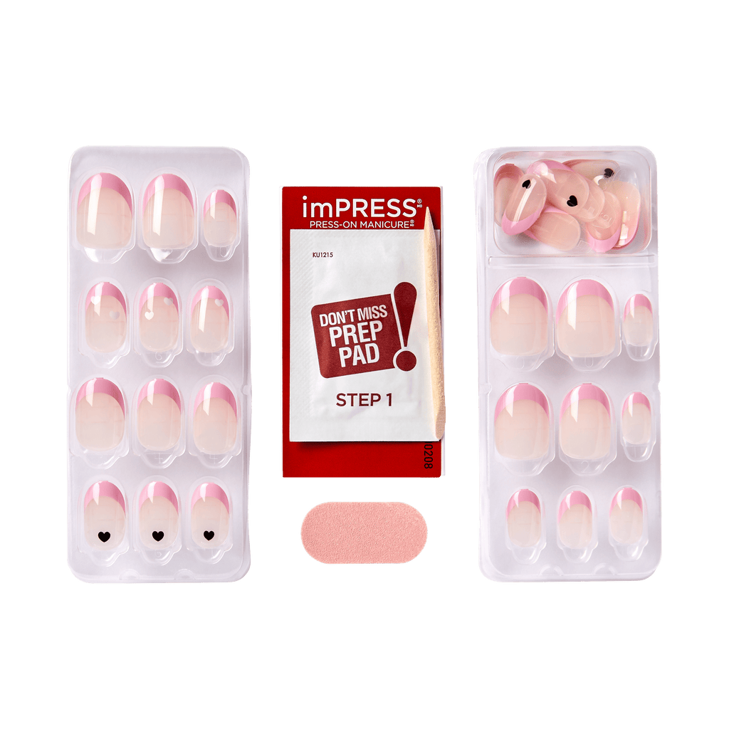 Impress French No Glue Fake Press On Nails - Ditto | French Design, Pink, Short, Oval, Manicure