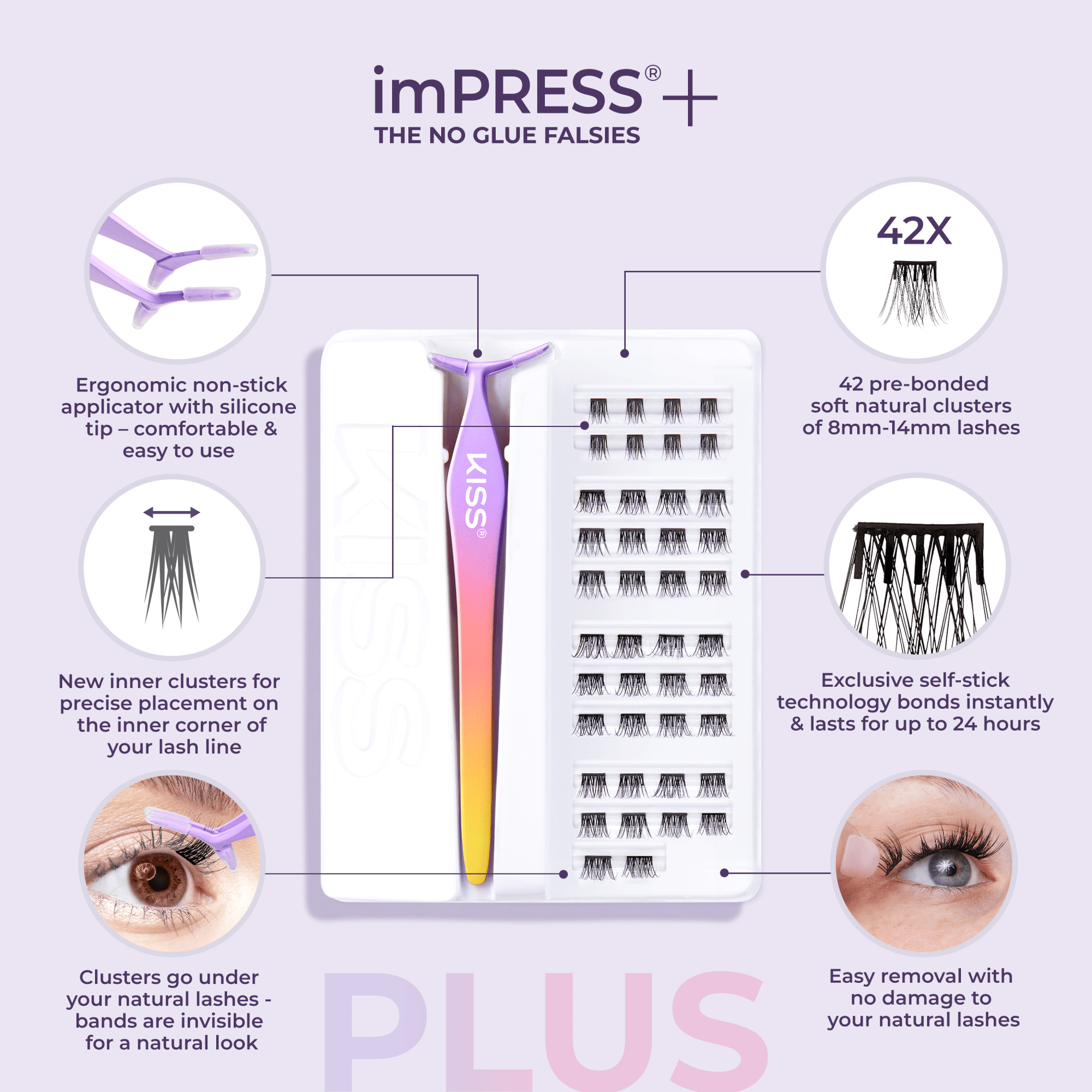 Impress+ Pre-Glued False Eyelashes Starter Kit - Soft Natural | 42 Lash Clusters, With Applicator, Includes Inner Clusters, 8mm-14mm