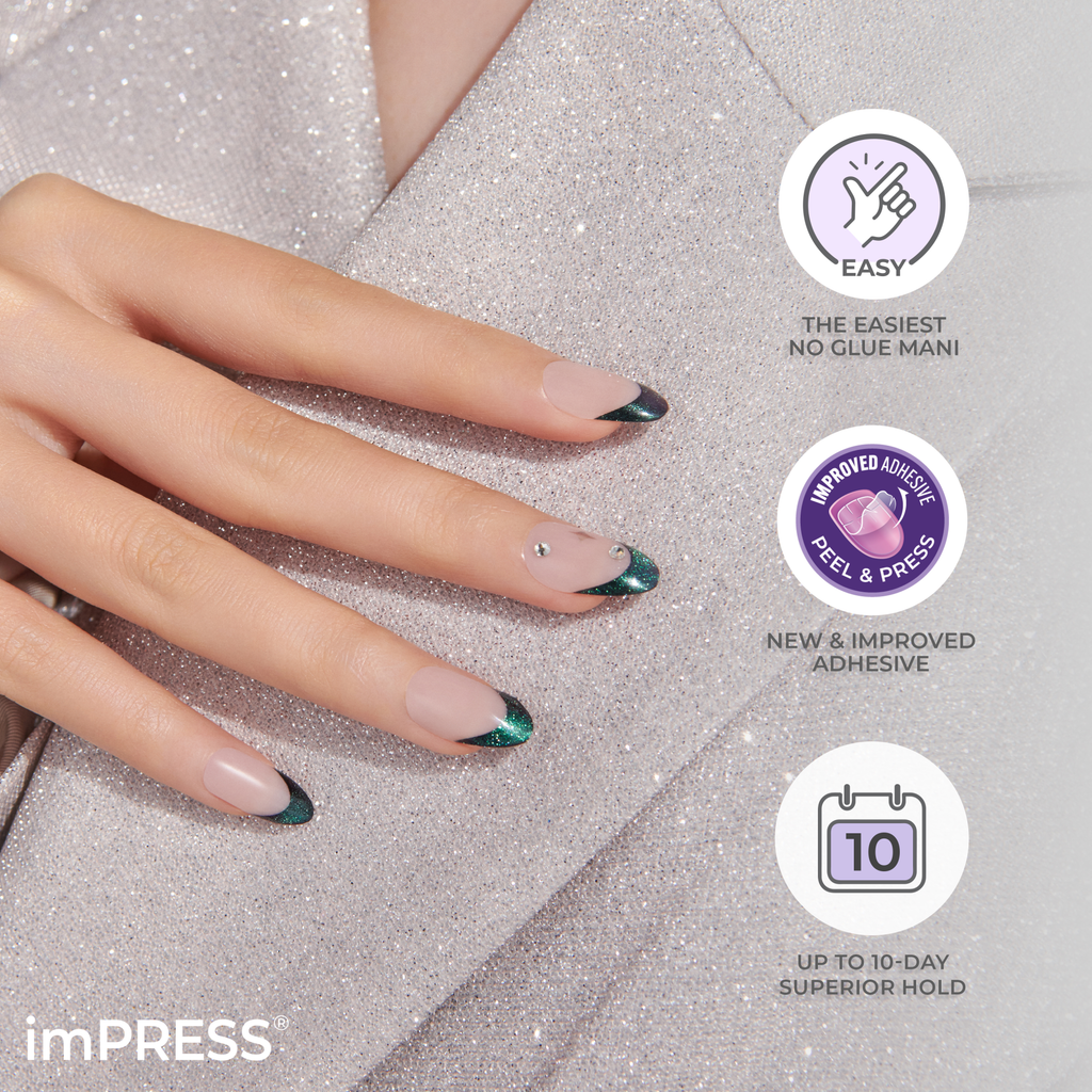 Impress Premium No Glue Fake Press On Nails - Memory Lane | French Design, Metallic Silver, Medium, Coffin, Manicure