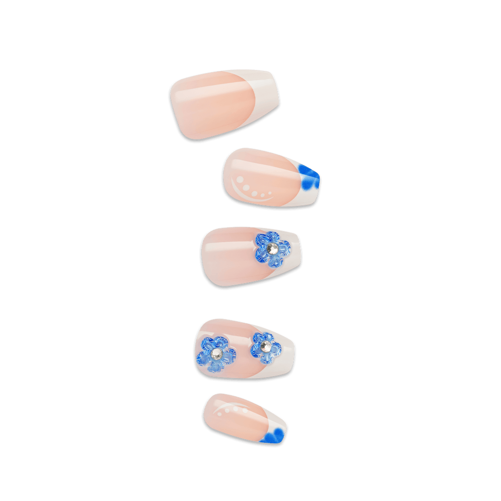 Impress Design No Glue Fake Press On Nails - Pure Ray | 3D & Jewel French Design, Blue & White, Medium, Coffin, Manicure
