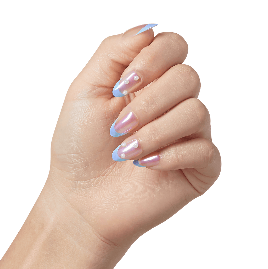 Impress Premium No Glue Fake Press On Nails - Best Life | 3D & Jewel French, Metallic Blue, Medium, Almond, Manicure