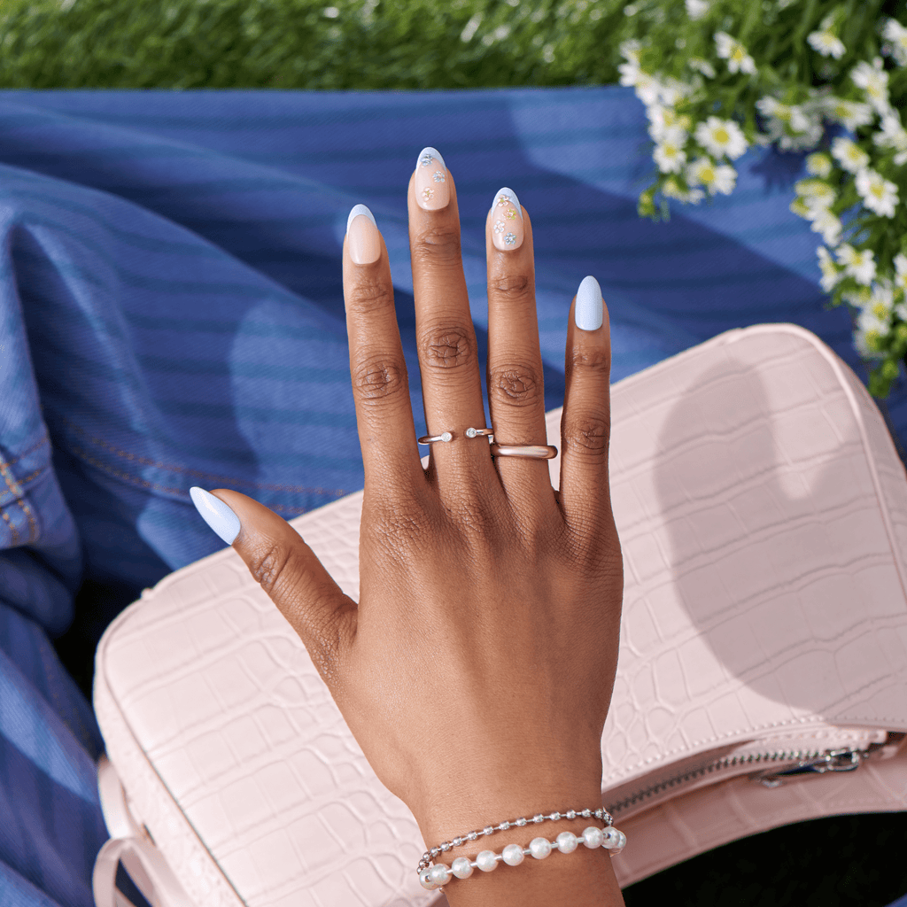 Impress Design No Glue Fake Press On Nails - Pastel Bloom | 3D & Jewel French Design, Multicolor, Medium, Almond, Manicure