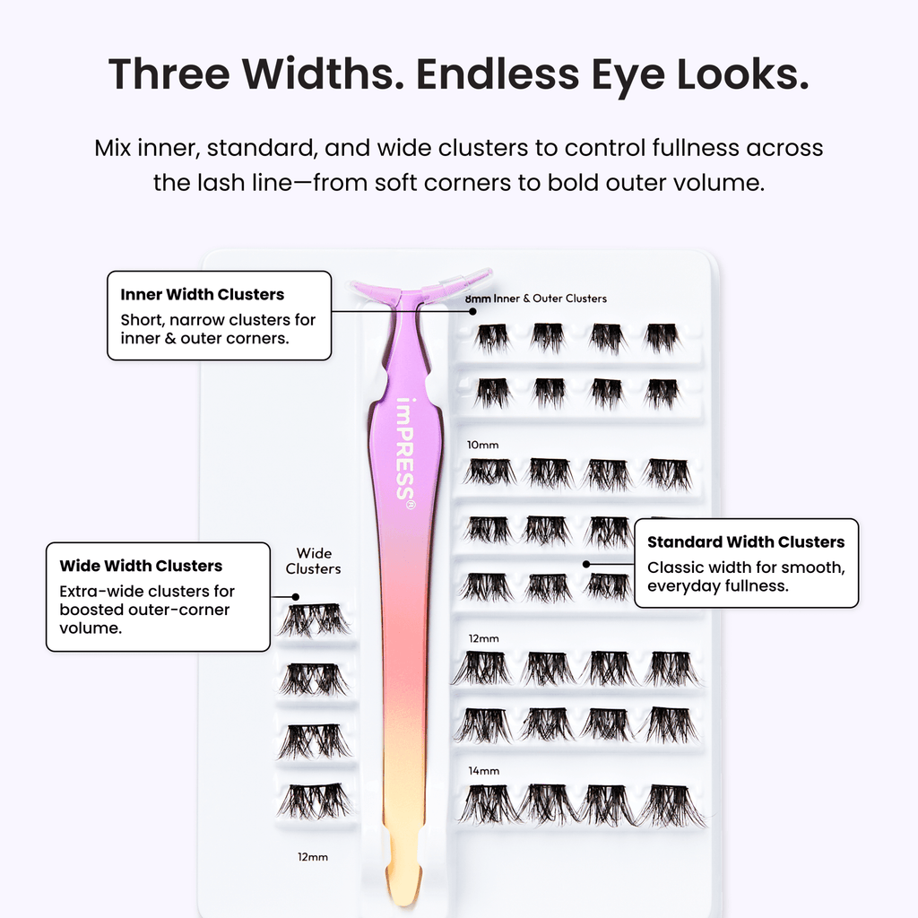 Impress Falsies Pre-Glued False Eyelashes Starter Kit - Classic Volume | 36 Lash Clusters, With Applicator, 12mm-14mm