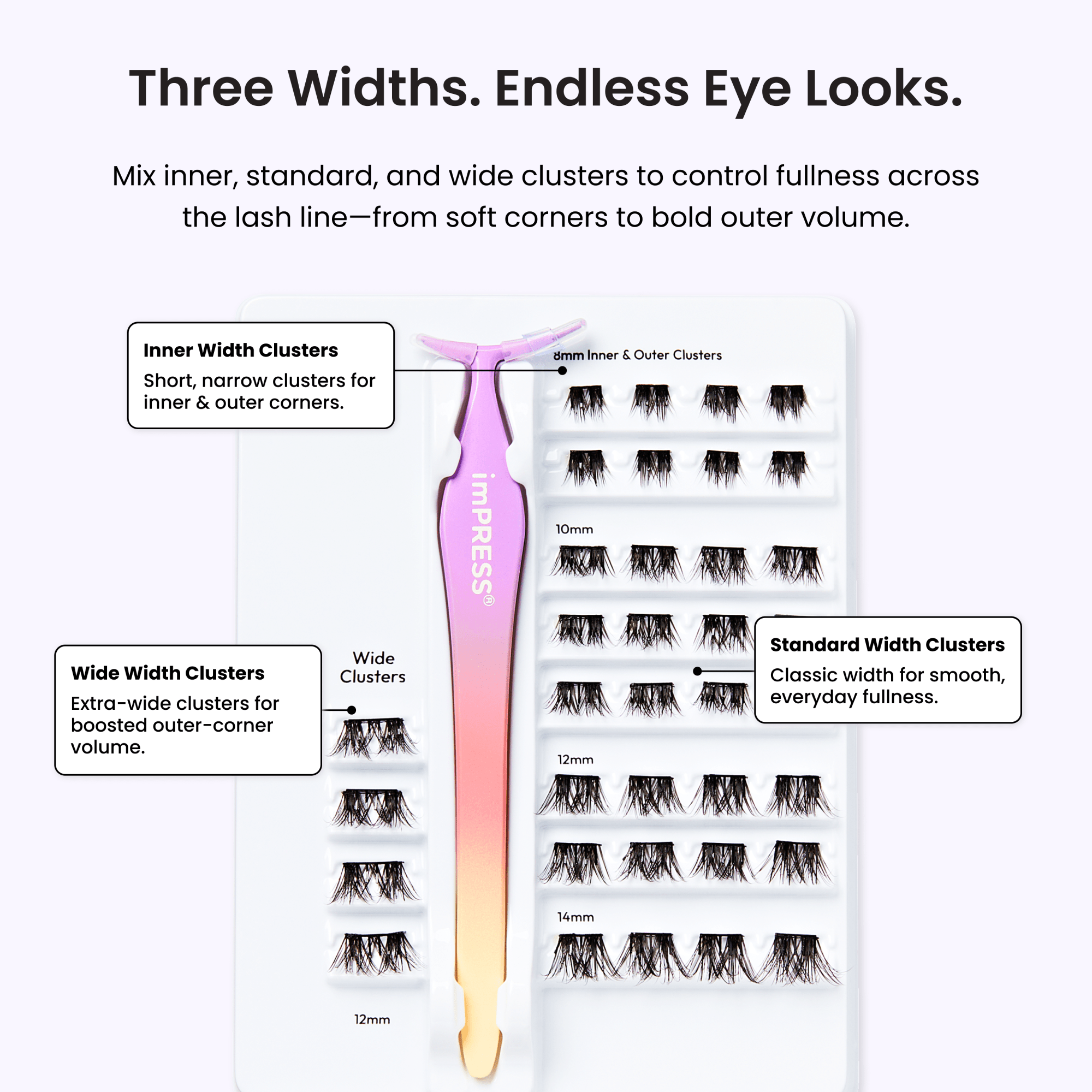 Impress Falsies Pre-Glued False Eyelashes Starter Kit - Classic Volume | 36 Lash Clusters, With Applicator, 12mm-14mm