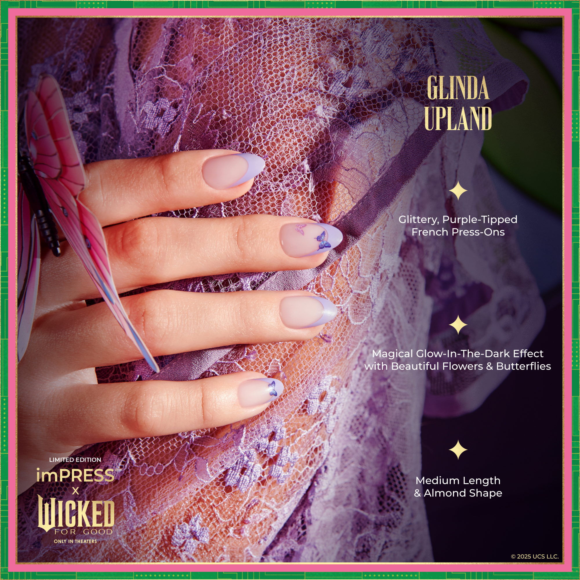 Impress X WICKED: FOR GOOD | Glinda Upland | French Design, Purple, Medium, Almond, Manicure
