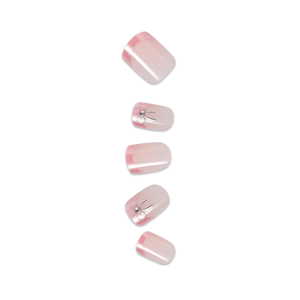 Impress Design No Glue Fake Press On Nails - Soft Petals | 3D & Jewel French Design, Pink, Short, Squoval, Manicure