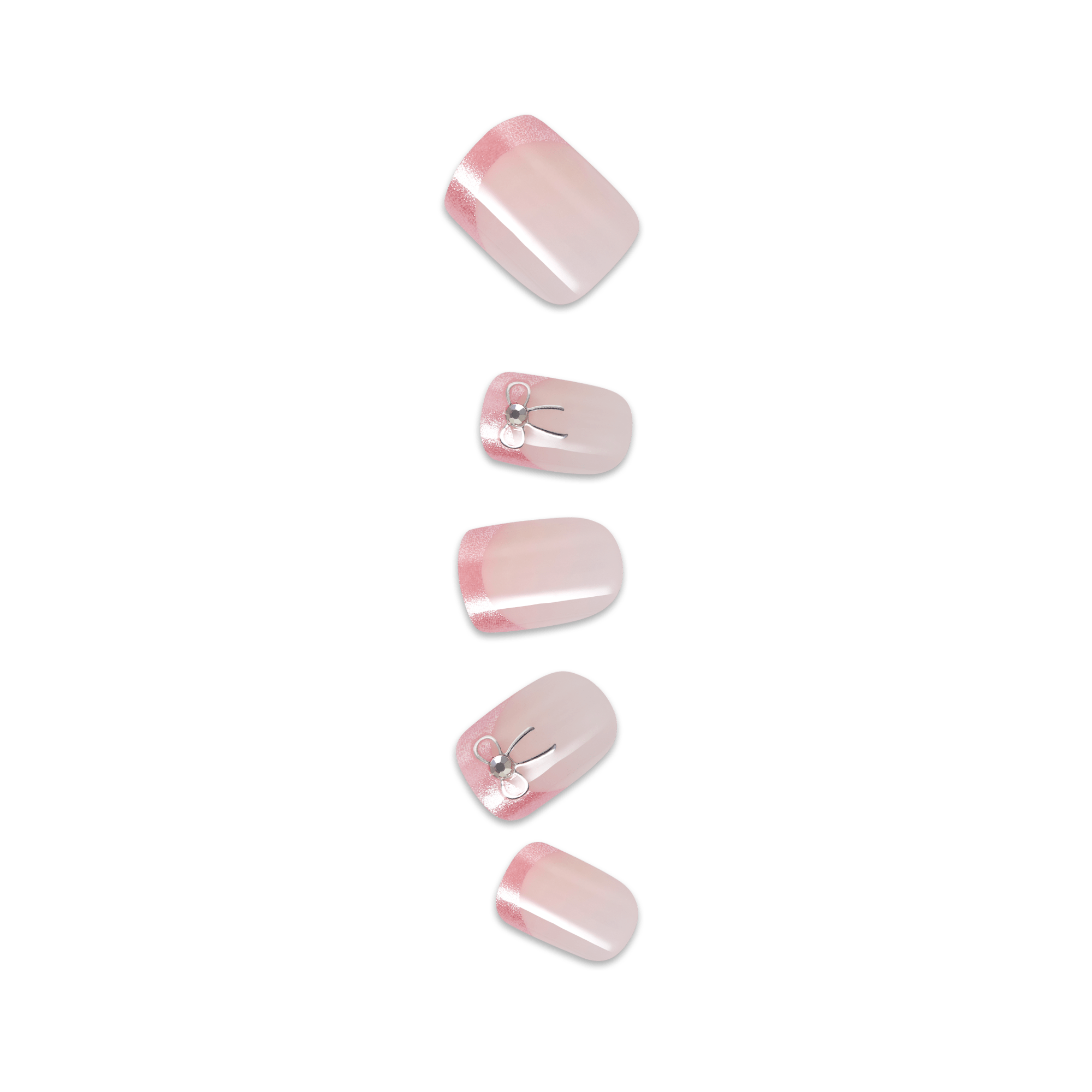 Impress Design No Glue Fake Press On Nails - Soft Petals | 3D & Jewel French Design, Pink, Short, Squoval, Manicure