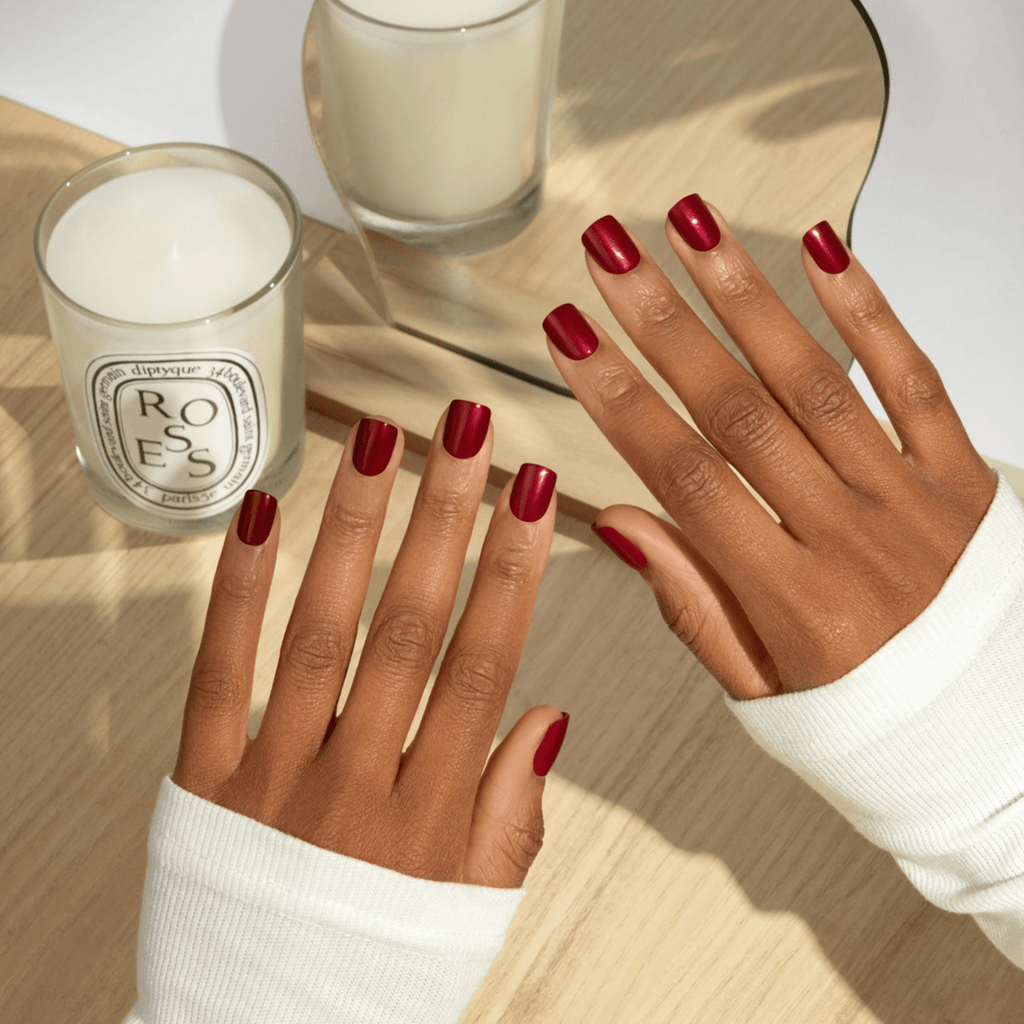 Impress Color No Glue Fake Press On Nails - Red Velvet | Solid, Red, Short, Squoval, Manicure