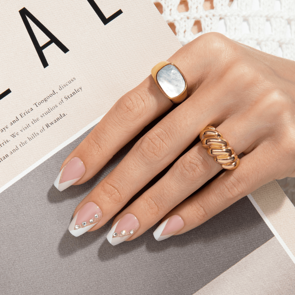 Impress French No Glue Fake Press On Nails - Glimpse | 3D & Jewel French, White, Medium, Coffin, Manicure