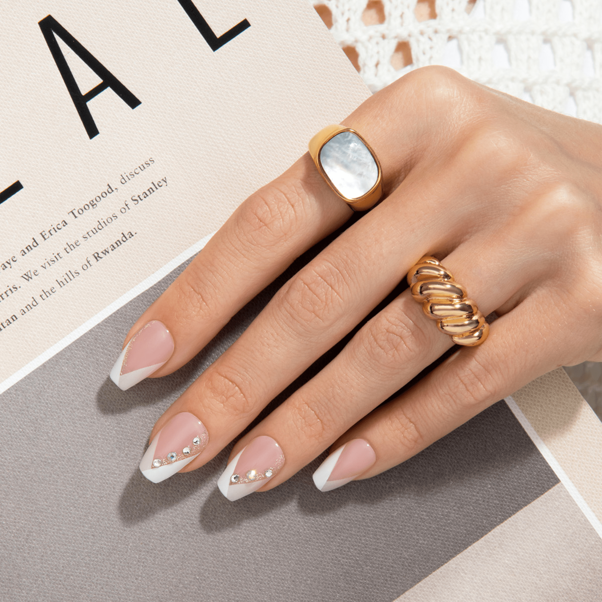 Impress French No Glue Fake Press On Nails - Glimpse | 3D & Jewel French, White, Medium, Coffin, Manicure