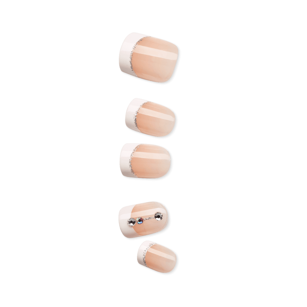 Impress Design No Glue Fake Press On Nails - Falling | 3D & Jewel French, White, Short, Squoval, Manicure